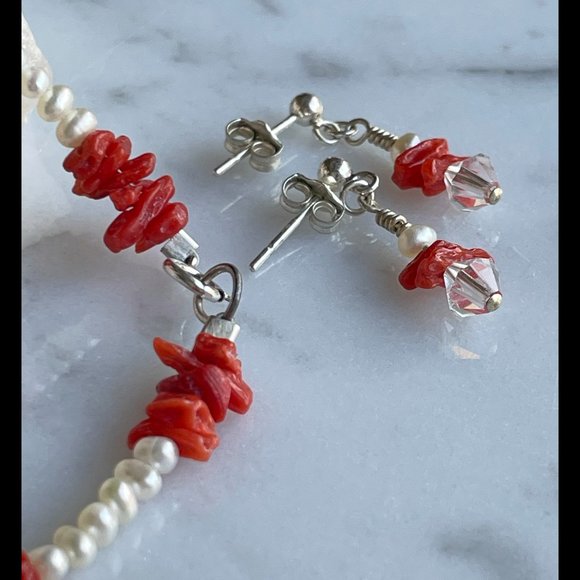 Tiny Potato Pearls w/ Small Vintage Red Coral Branches Bracelet & Earring Set - Picture 2 of 6